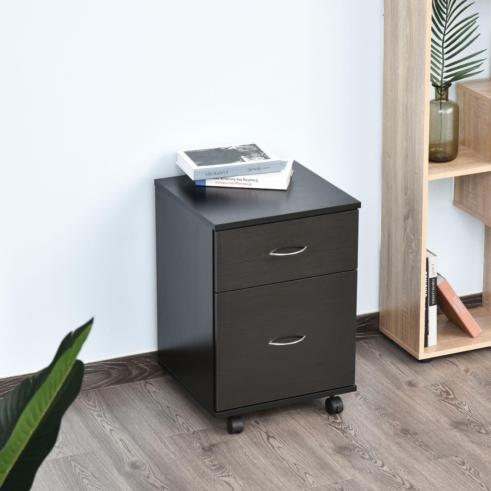 Mobile File Cabinet Wooden Side Table with 2 Drawers Pedestal Office