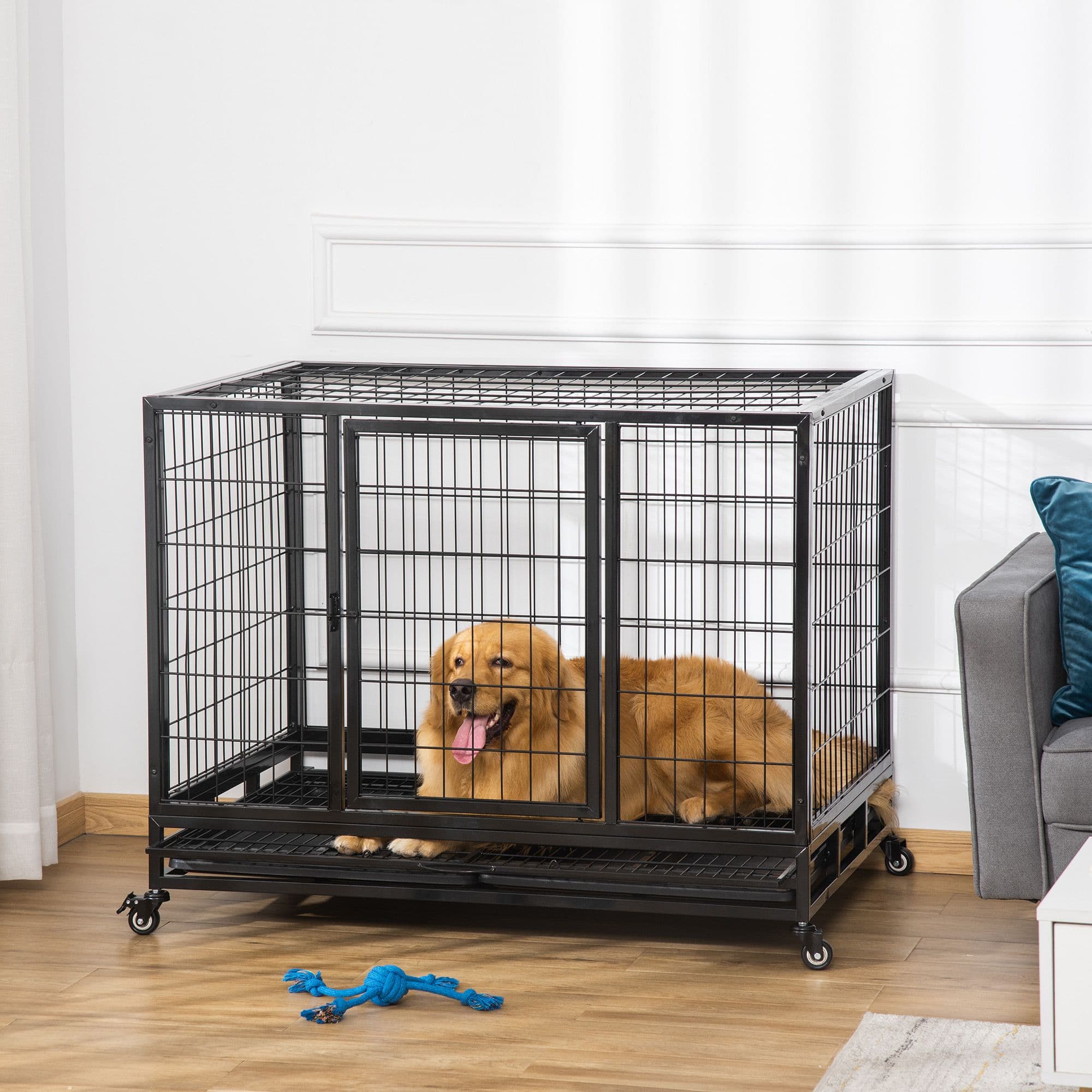 Dog Cage Pet Metal Heavy Duty with Wheels and Crate Tray for Kennel Black M L