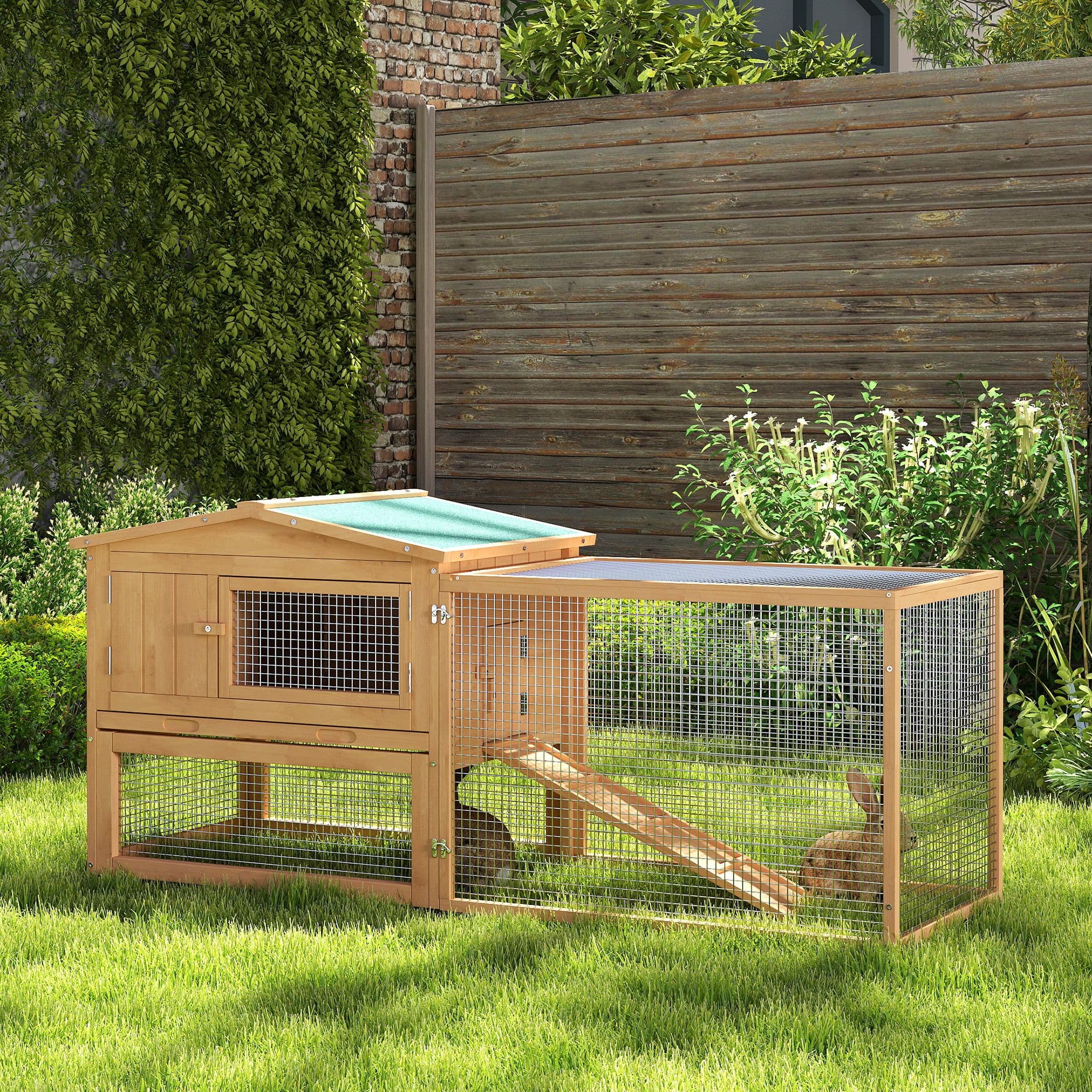 Rabbit Hutch Cage Wooden Bunny House 2 Tier Asphalt Floor Chicken Run
