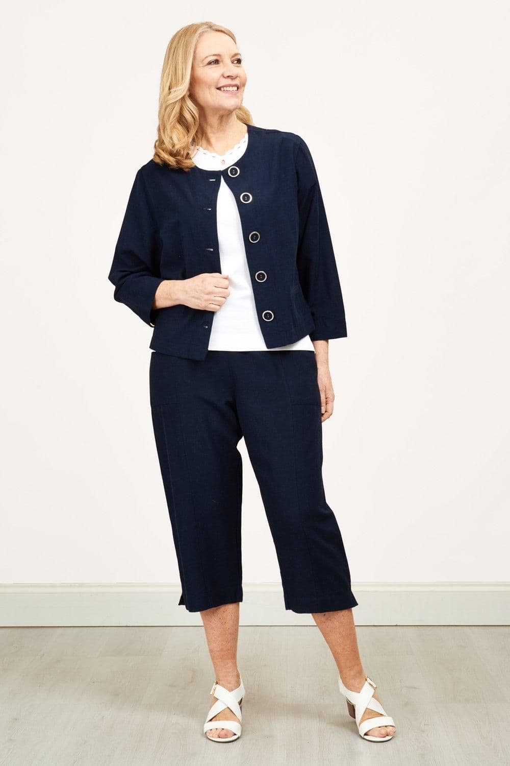 Navy Linen Blend Cropped Trousers
