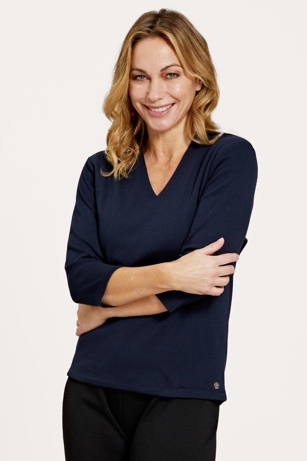 Penny Plain Women's Sage Hi Back V-Neck Top in Navy | Size: 18-20