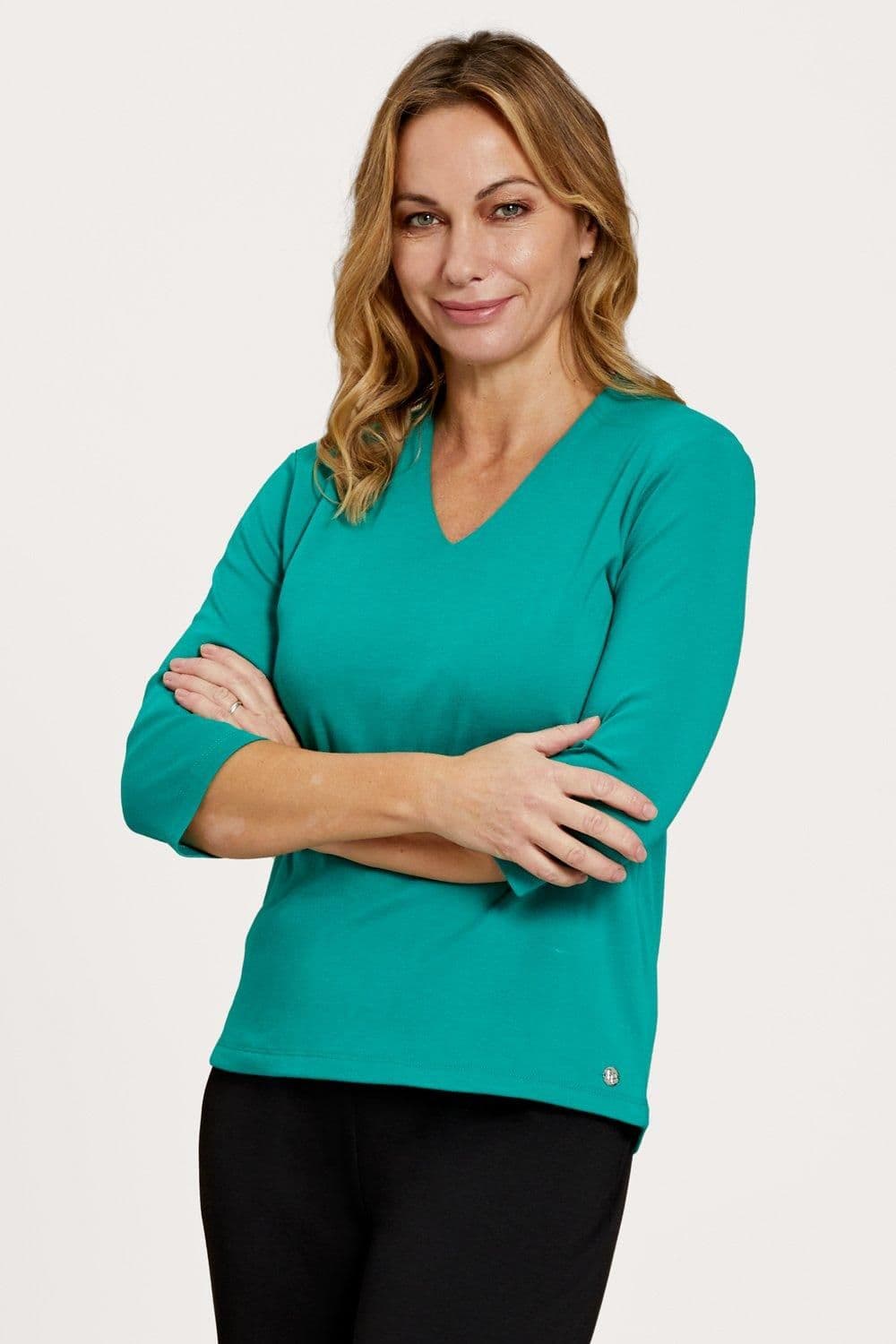 Penny Plain Women's High Back V-neck Top in Jade | Size: 14-16