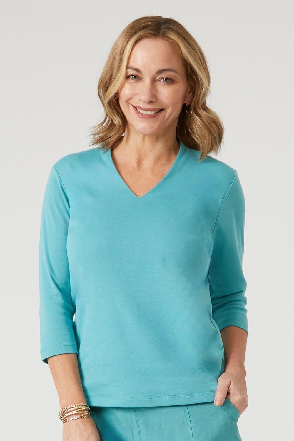 Penny Plain Women's Sage Hi Back V-Neck Top in Green | Size: 22-24