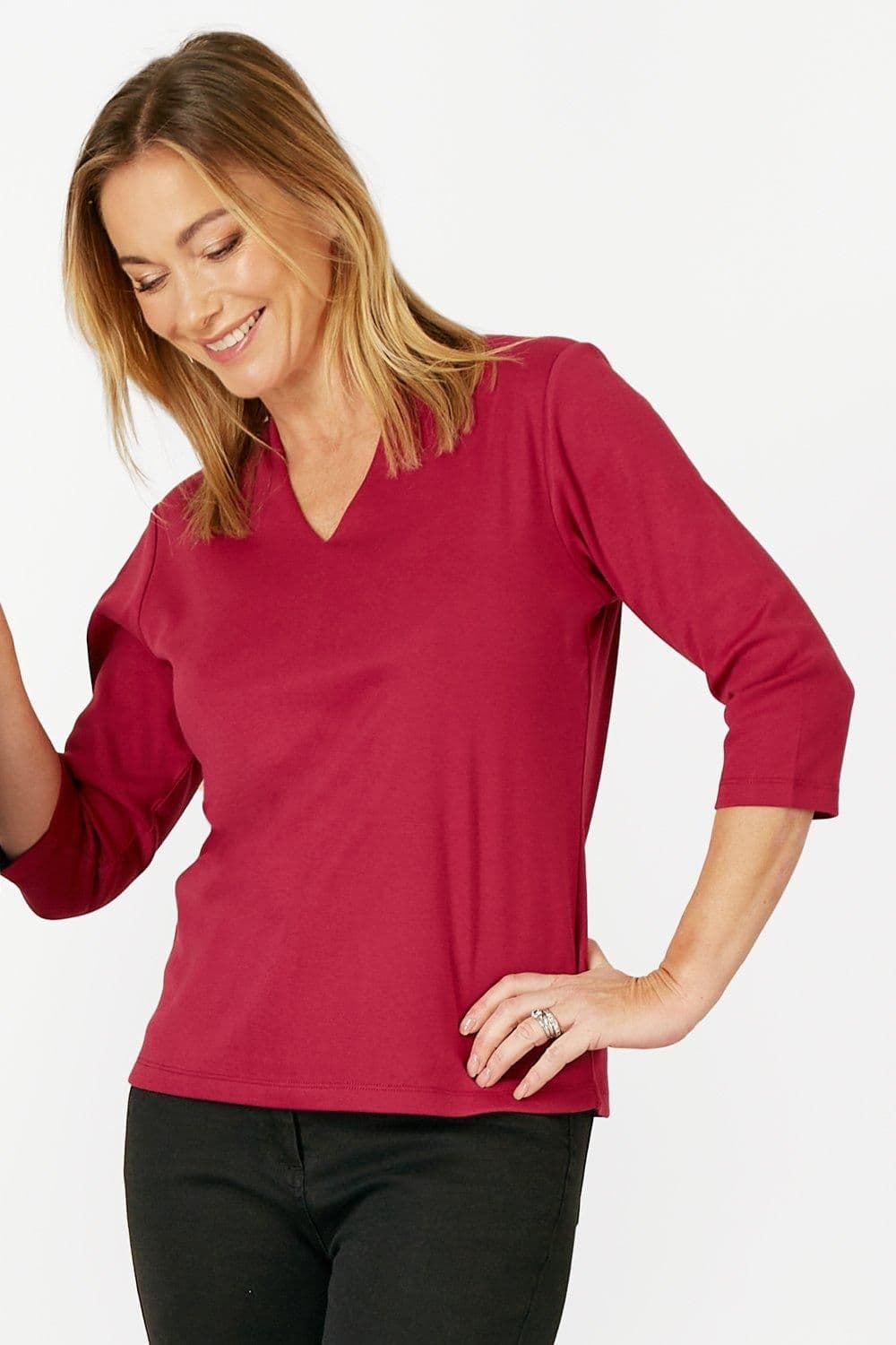 Penny Plain Women's High Back V-neck Top in Raspberry | Size: 22-24