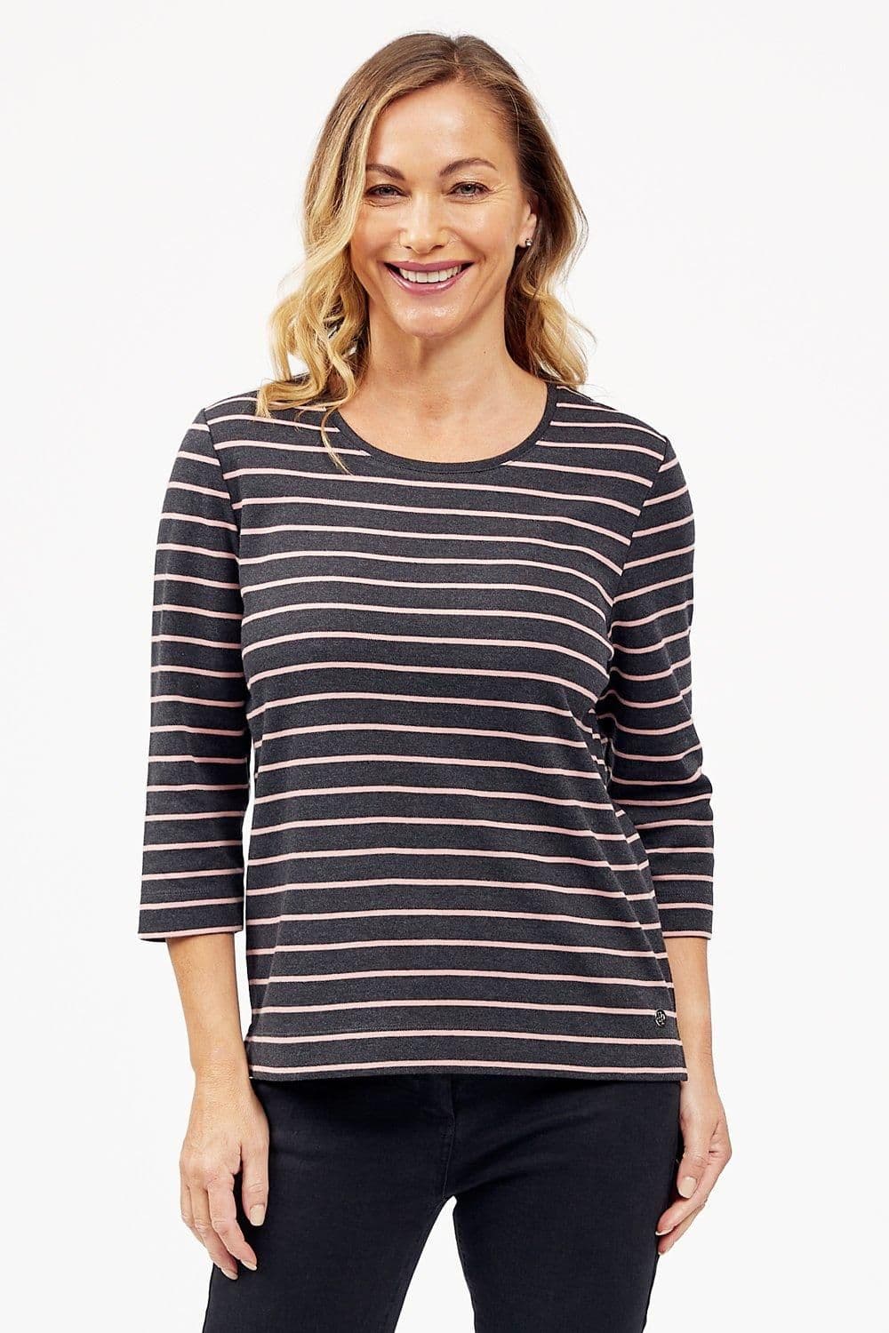 Penny Plain Women's Striped Top in Charcoal | Size: 22-24
