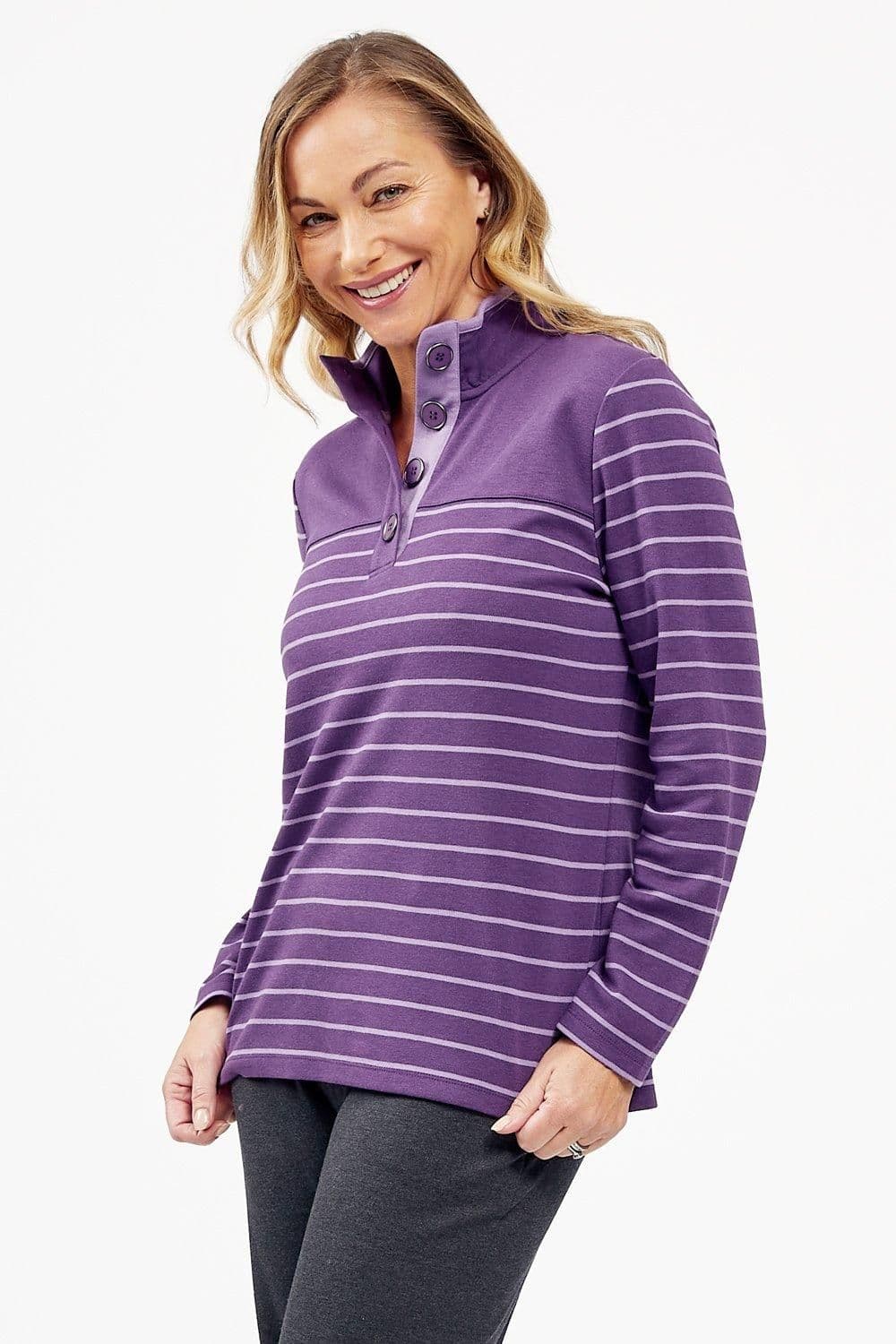 Penny Plain Women's Button Up Funnel Neck Top in Purple | Size: 14-16