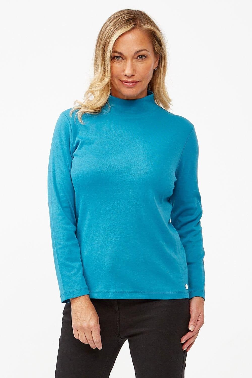 Penny Plain Women's High Neck Top in Mid Blue | Size: 22-24