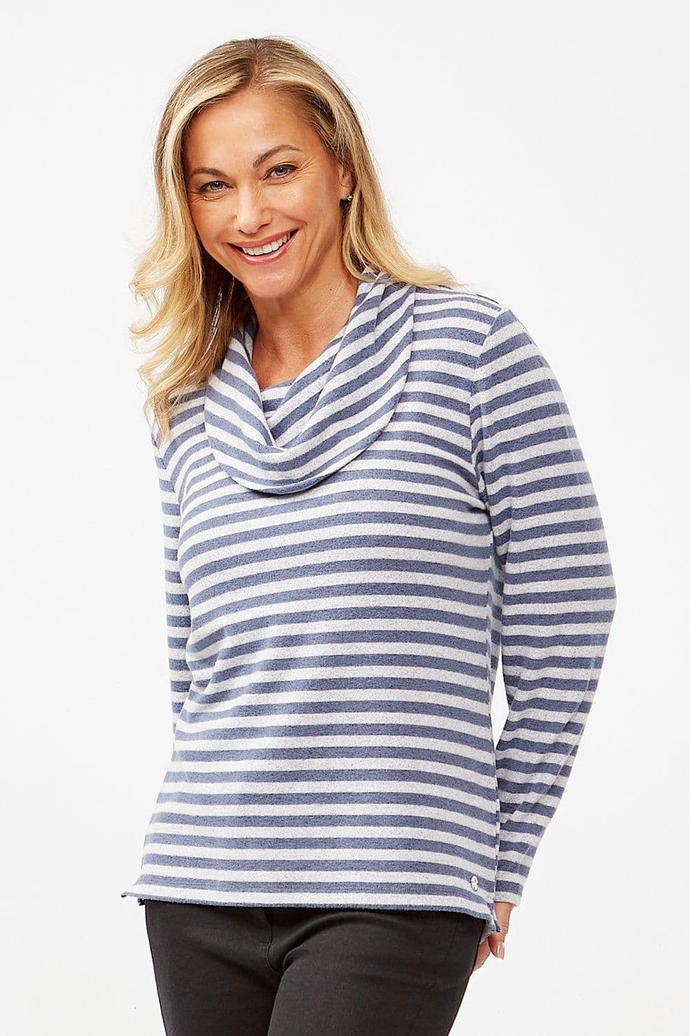 Penny Plain Women's Supersoft Striped Cowl Neck Top in Blue | Size: 10-12
