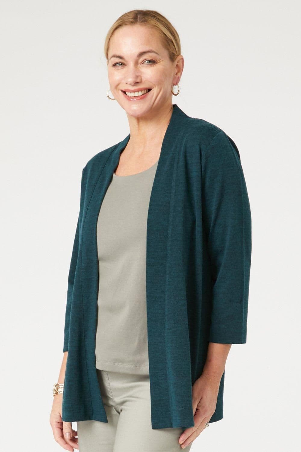 Penny Plain Women's Oatmeal Long Line Cardi in Green | Size: 14-16
