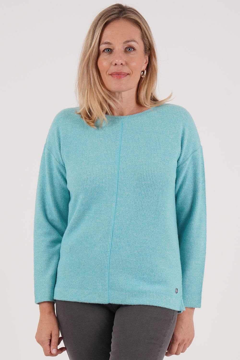Penny Plain Women's Long Sleeve Crew Neck Top - Opal in Blue | Size: 22-24