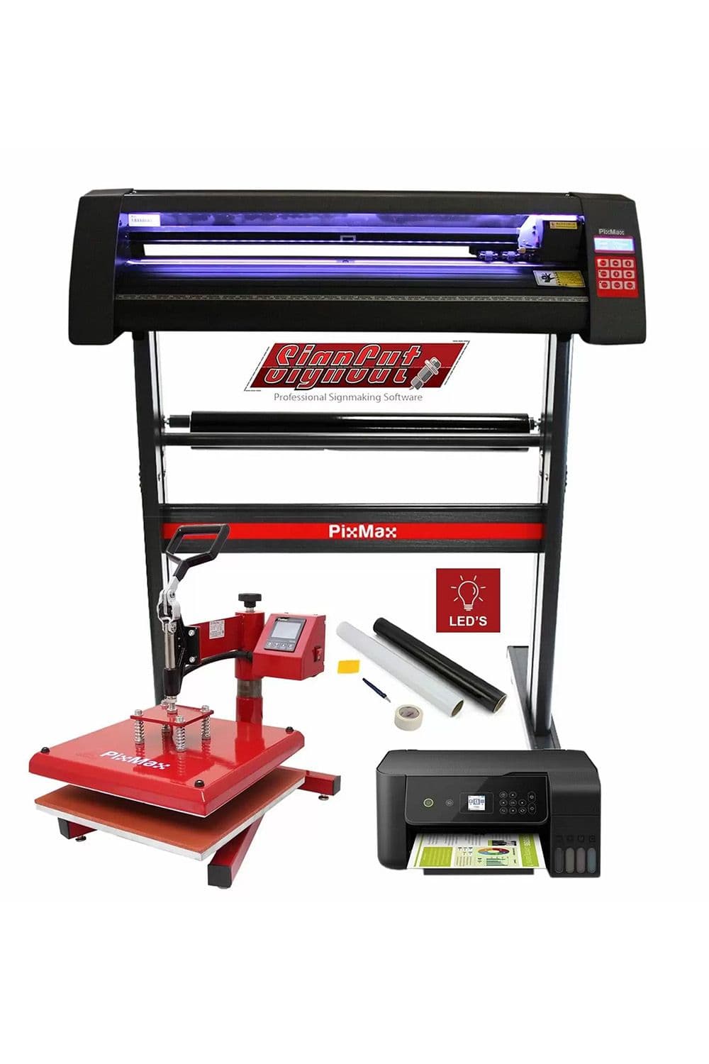 Pixmax 38cm Swing Heat Press Vinyl Cutter LEDs Printer Complete Start Up Bundle