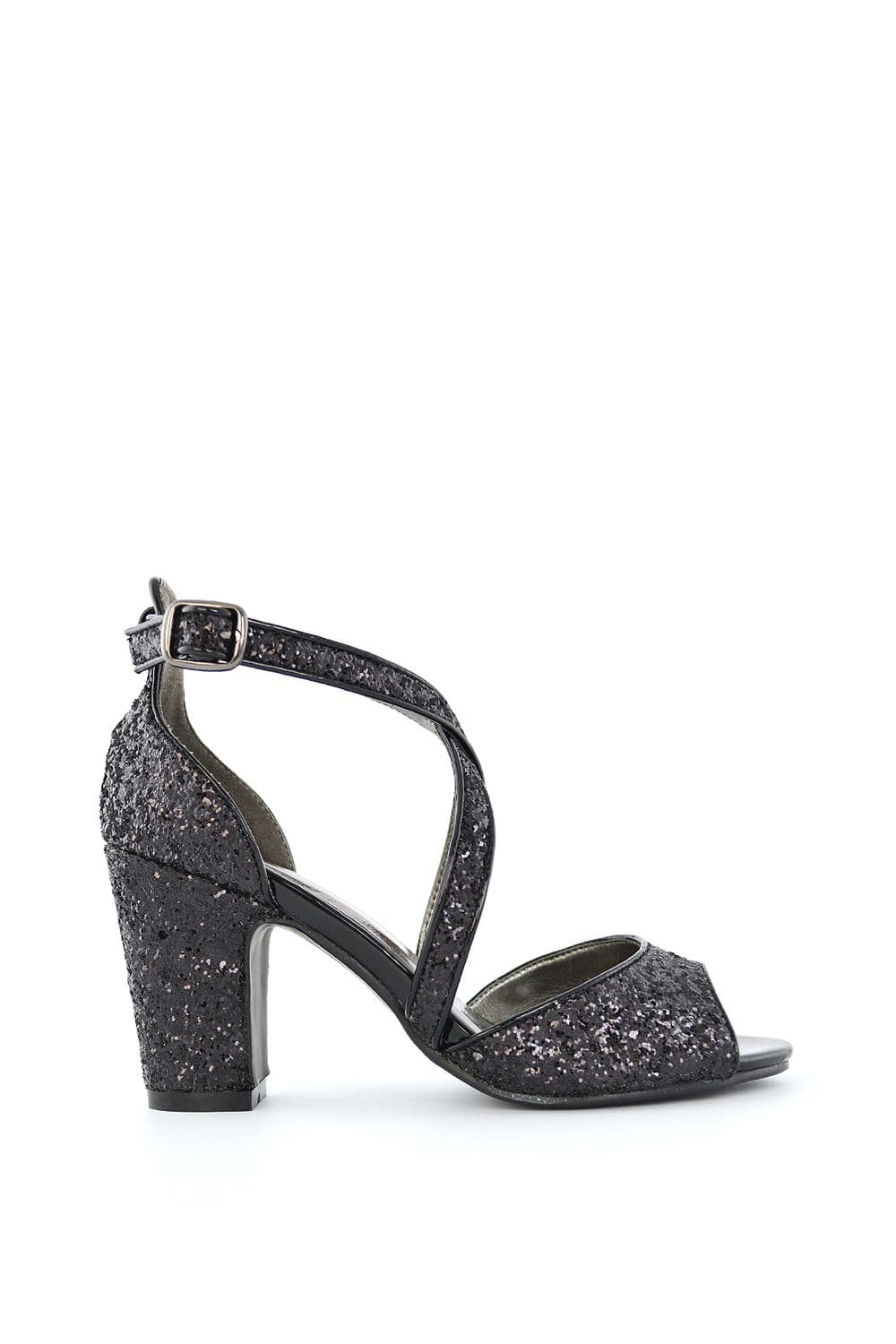 XY London Women's 'Harlow' Cross Over Strappy Buckle Peep Toe Block High Heels in Black | Size: 8