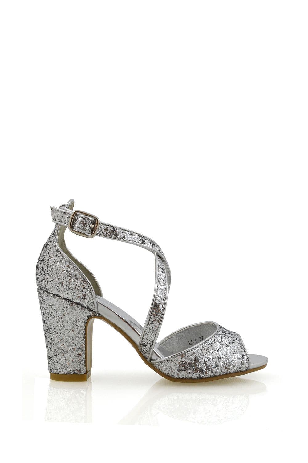 XY London Women's 'Harlow' Cross Over Strappy Buckle Peep Toe Block High Heels in Silver | Size: 6