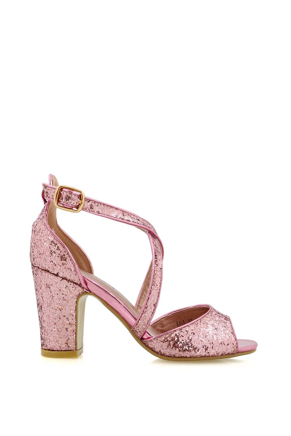 XY London Women's 'Harlow' Cross Over Strappy Buckle Peep Toe Block High Heels in Pink | Size: 8