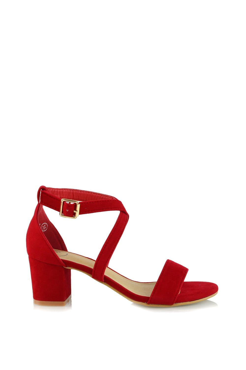XY London Women's 'Jordyn' Cross Over Buckle Strap Chunky Low Block Heels in Red | Size: 3