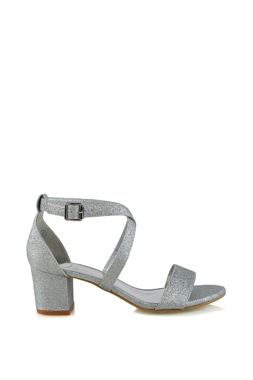 XY London Women's 'Jordyn' Cross Over Buckle Strap Chunky Low Block Heels in Silver | Size: 8