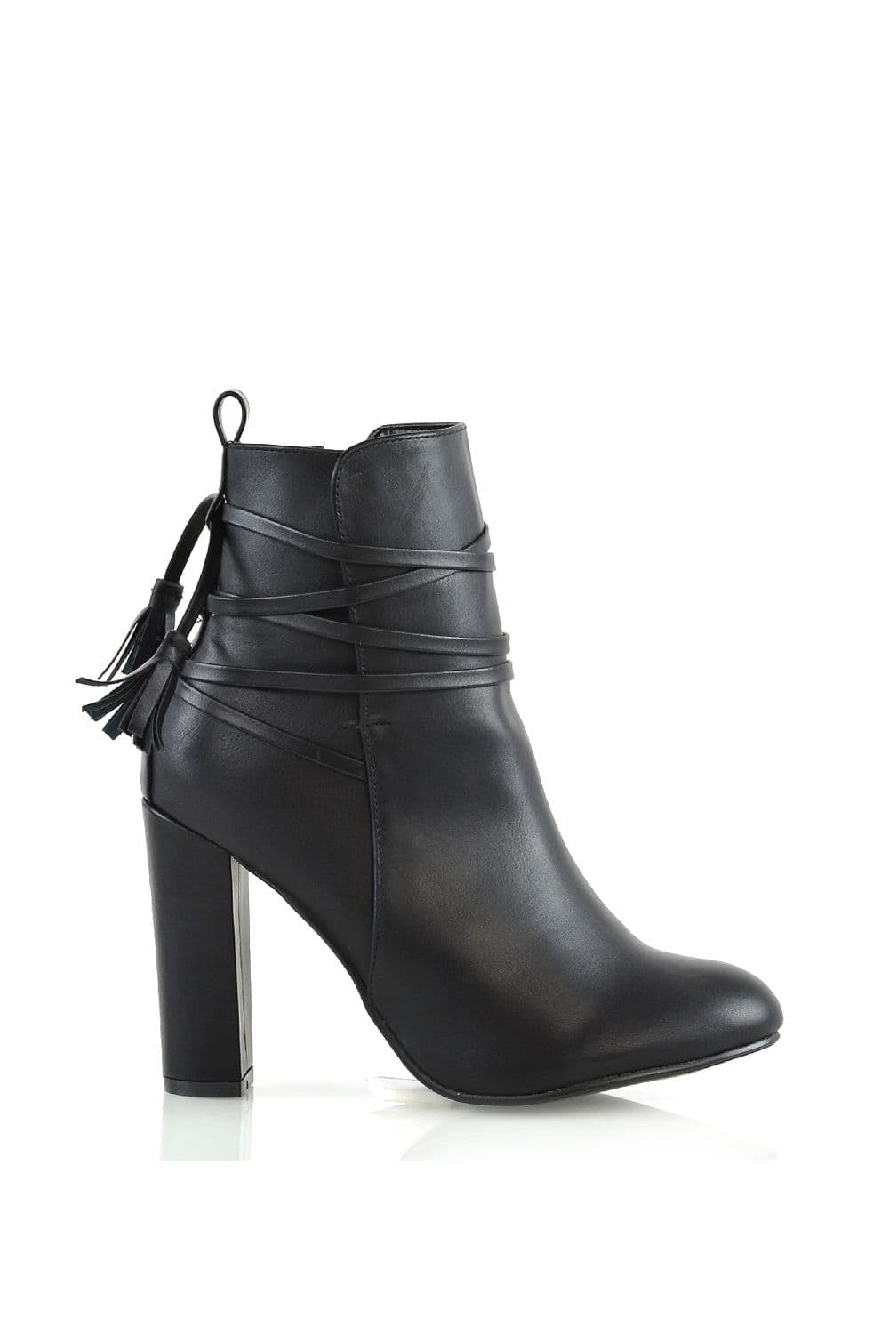 XY London Women's 'Jamie' Tie up Tassel Detail Block High Heel Ankle Boots in Black | Size: 7
