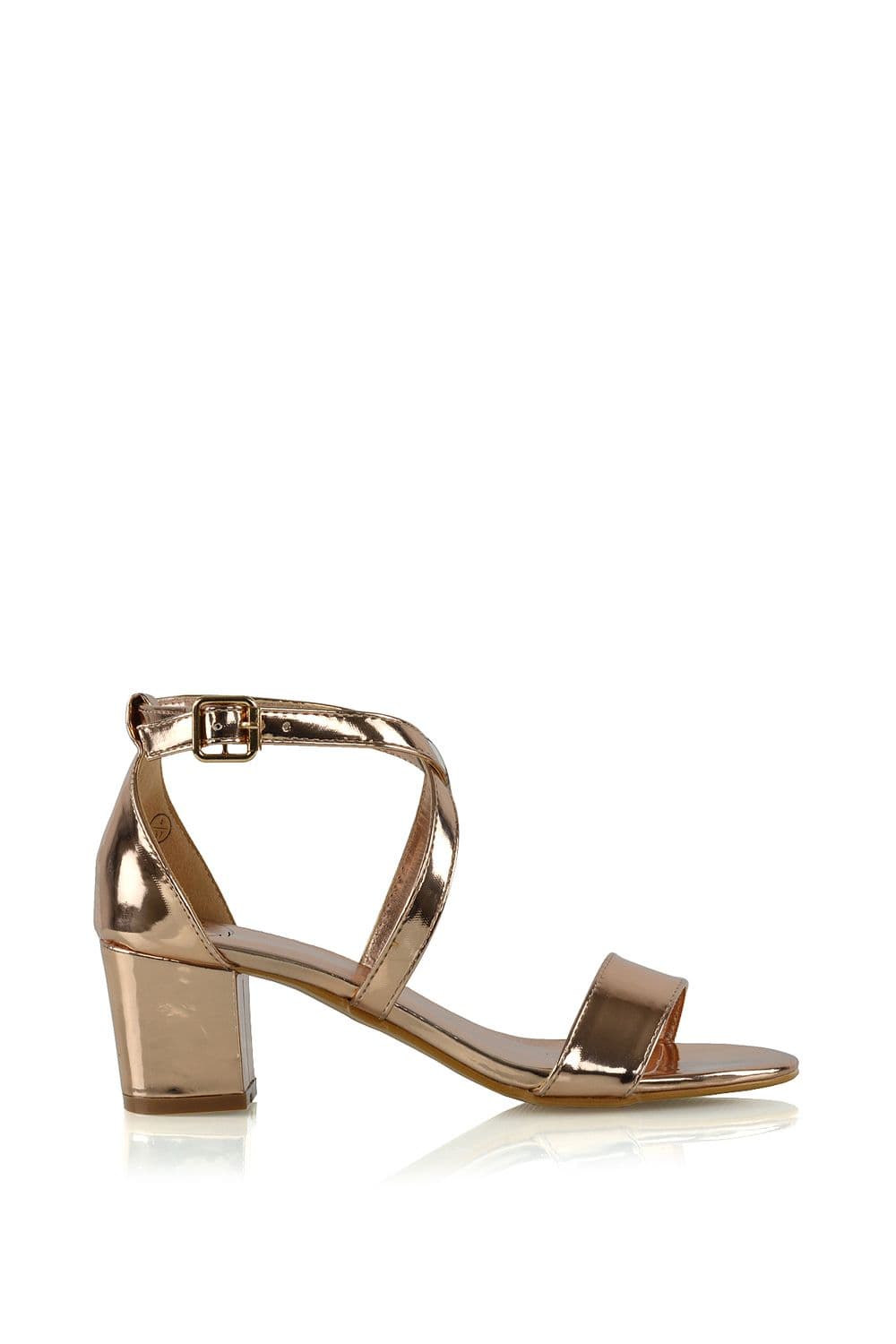 XY London Women's 'Jordyn' Cross Over Buckle Strap Chunky Low Block Heels in Rose Gold | Size: 5
