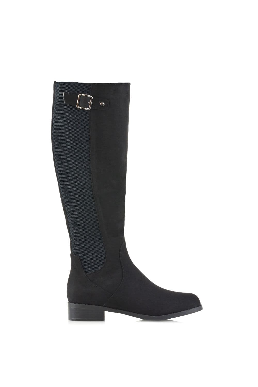 XY London Women's 'Molly' Knee High Flat Low Heel Long Boots With Stretchy Calf in Jet Black | Size: 3