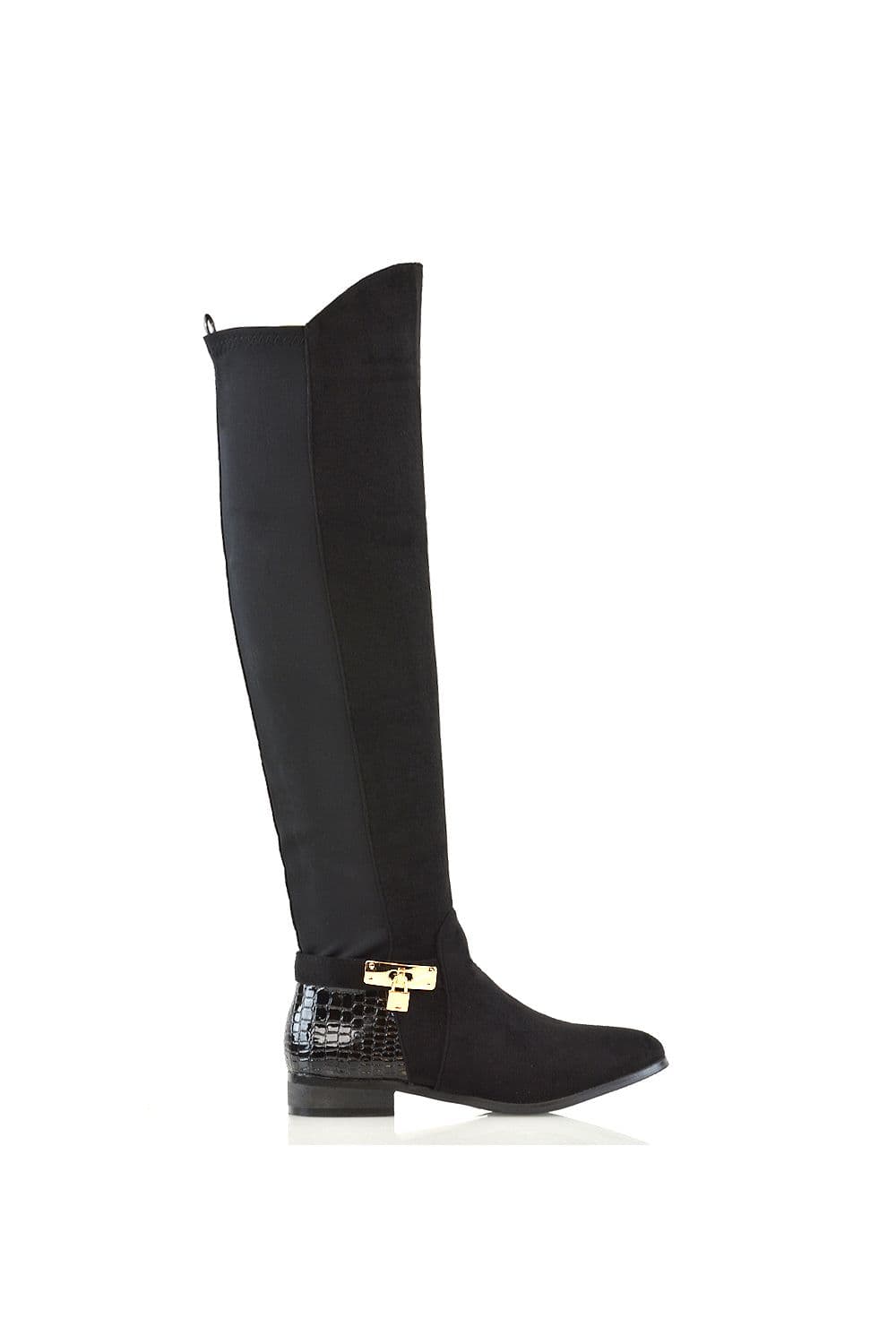 XY London Women's 'Bella' Flat Elasticated Over The Knee Boots With Zip Fastening in Jet Black | Size: 4