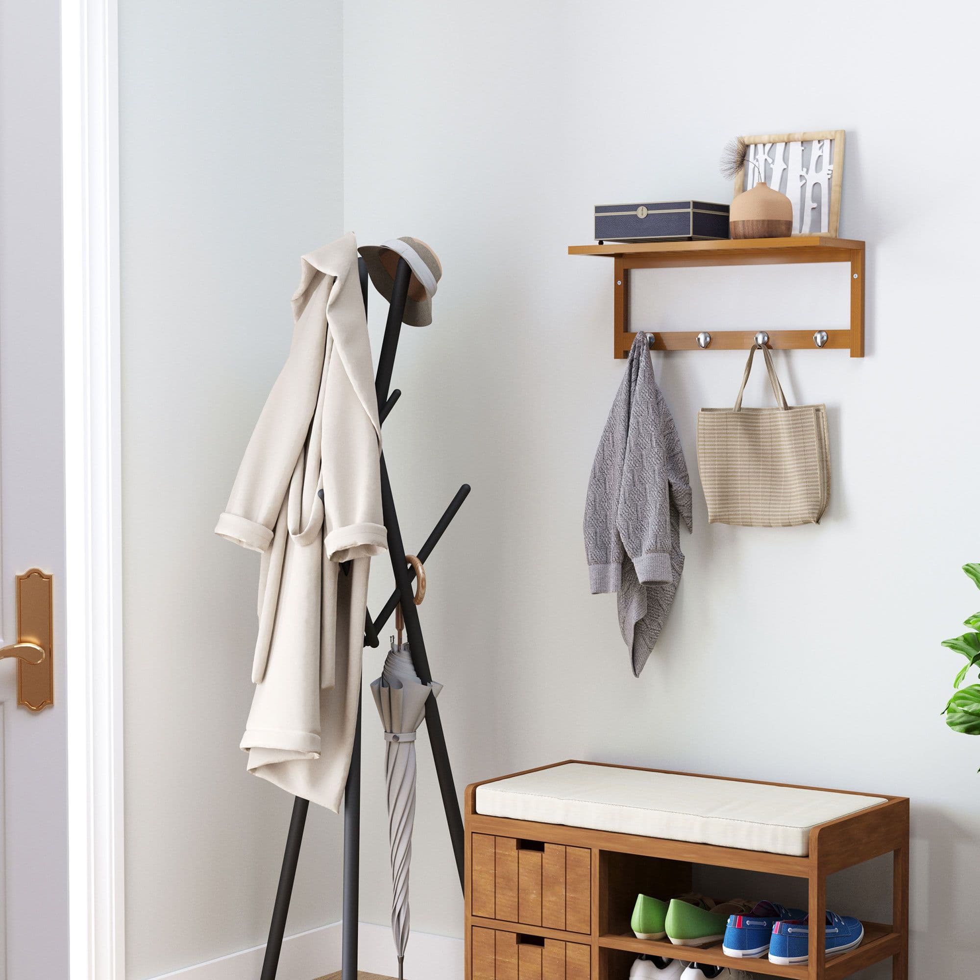Mounted Shelf Clothes Rack Hanging Coat Hooks Hallway Wall Kitchen