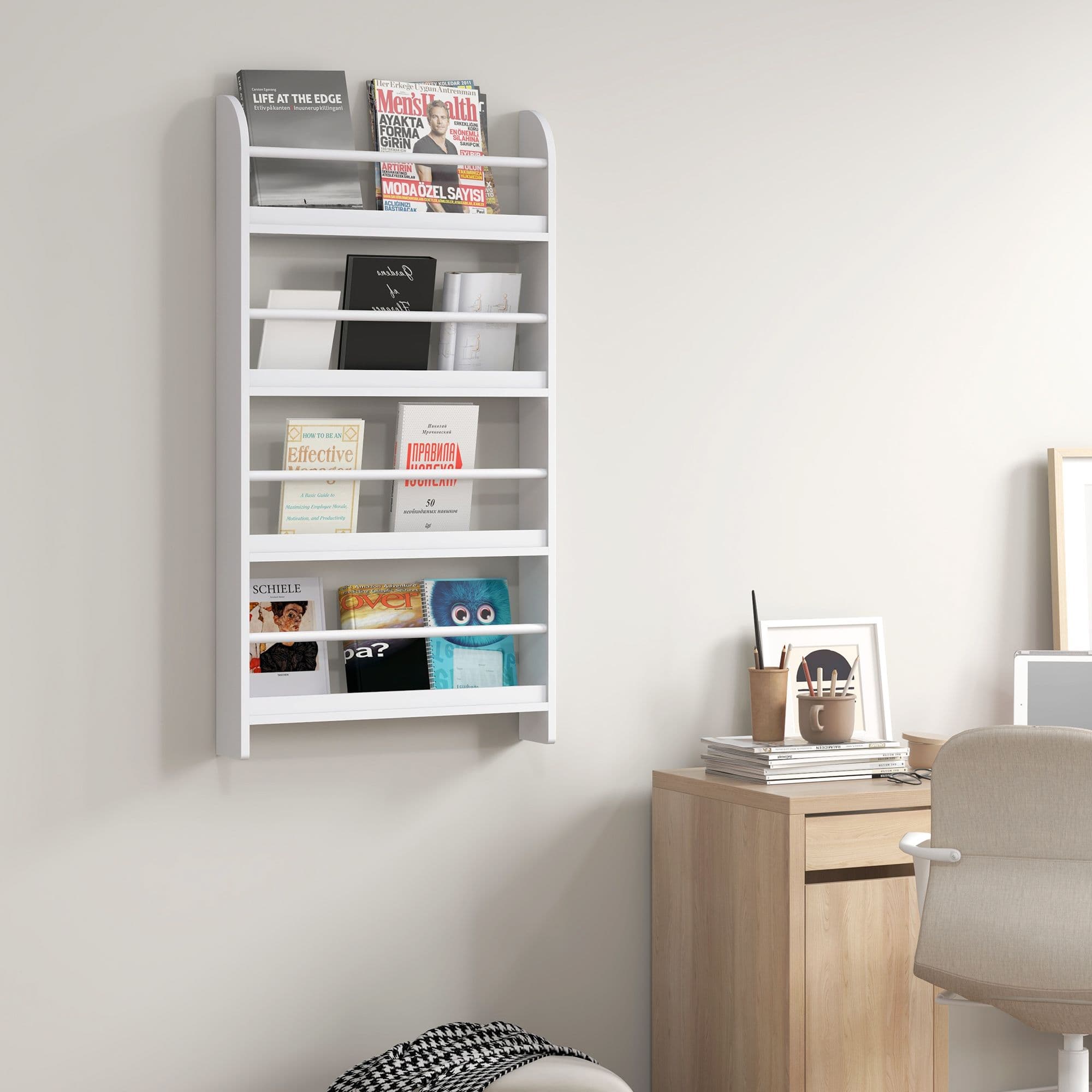 4-Tier Wall-Mounted/Standing Wood Book Rack Shelf Water Resist