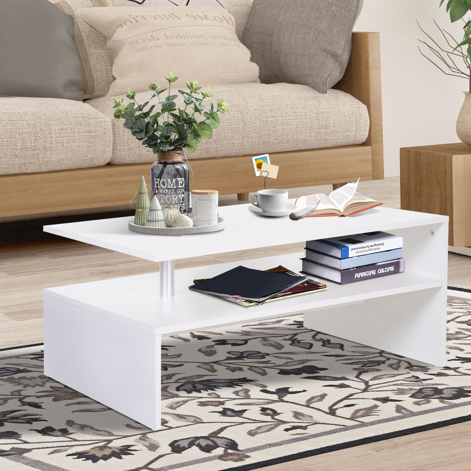 2 Tier Coffee Table End/Side Table Modern Design  Open Shelf