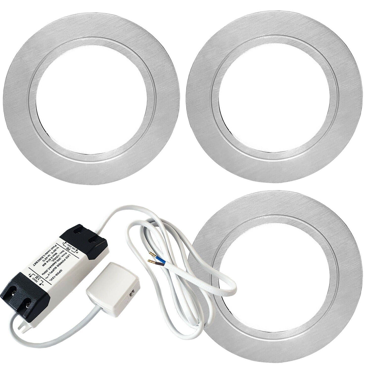 3x BRUSHED NICKEL Round Flush Under Cabinet Kitchen Light & Driver Kit Natural LED