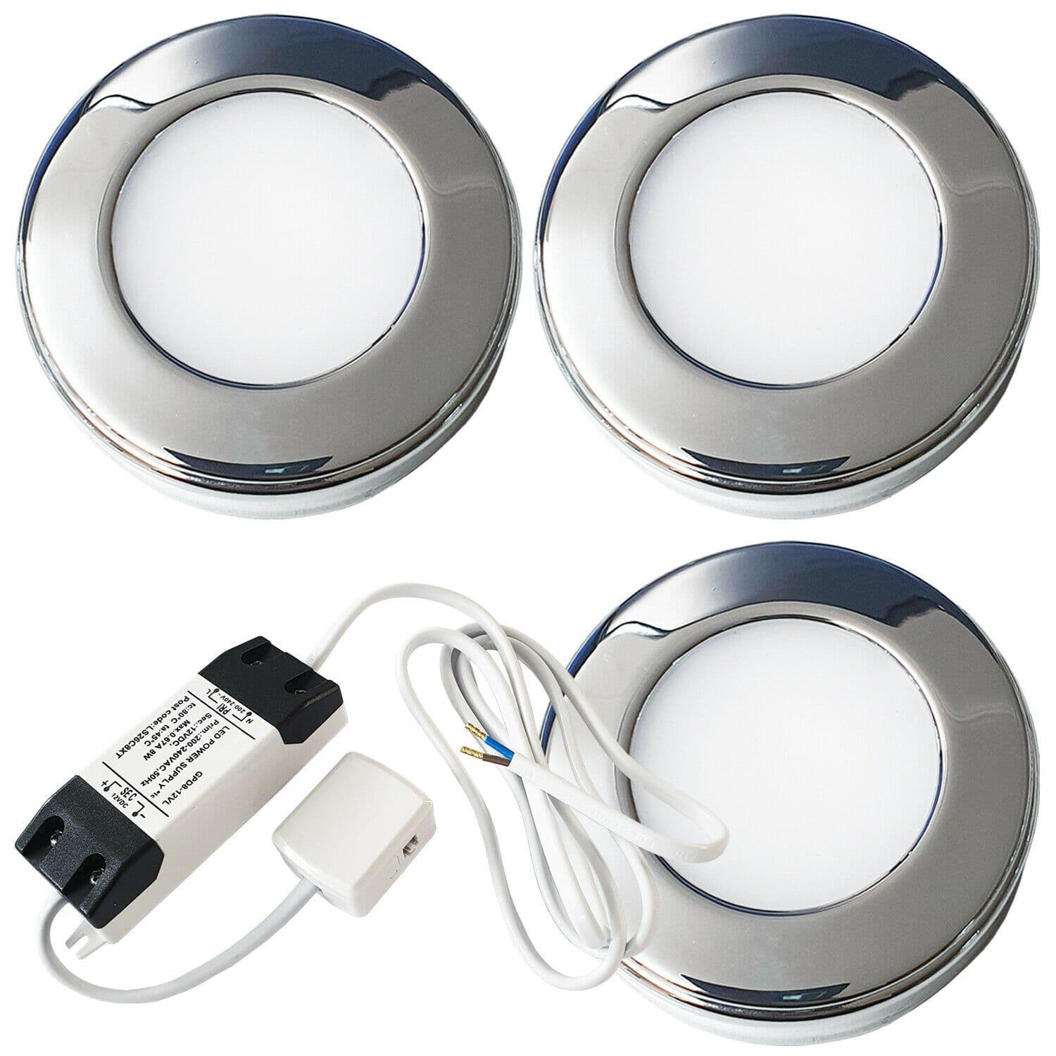 3x CHROME Round Surface or Flush Under Cabinet Kitchen Light & Driver Kit Natural LED