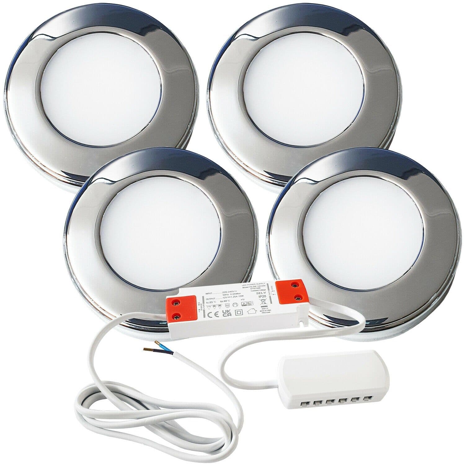 4x CHROME Round Surface or Flush Under Cabinet Kitchen Light & Driver Kit Natural LED
