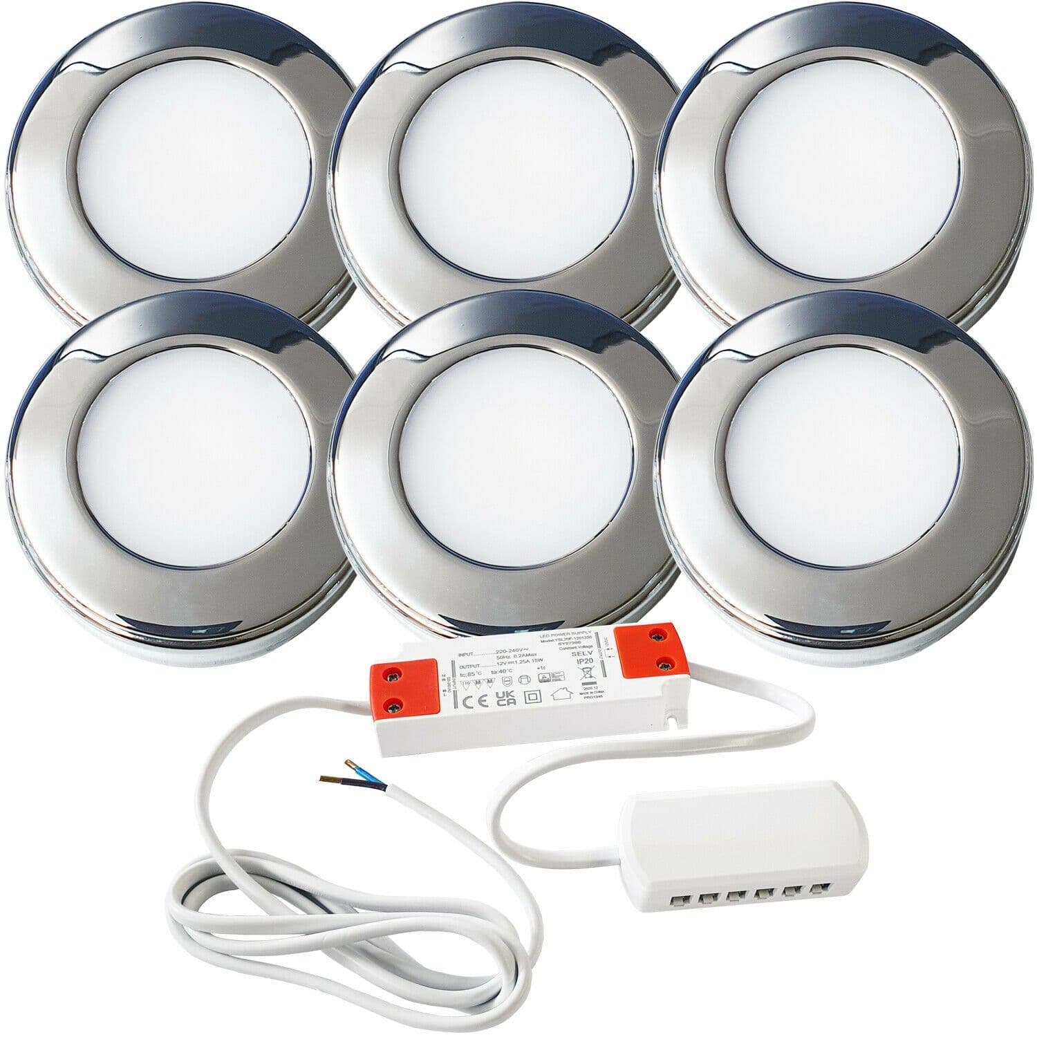6x CHROME Round Surface or Flush Under Cabinet Kitchen Light & Driver Kit Natural LED