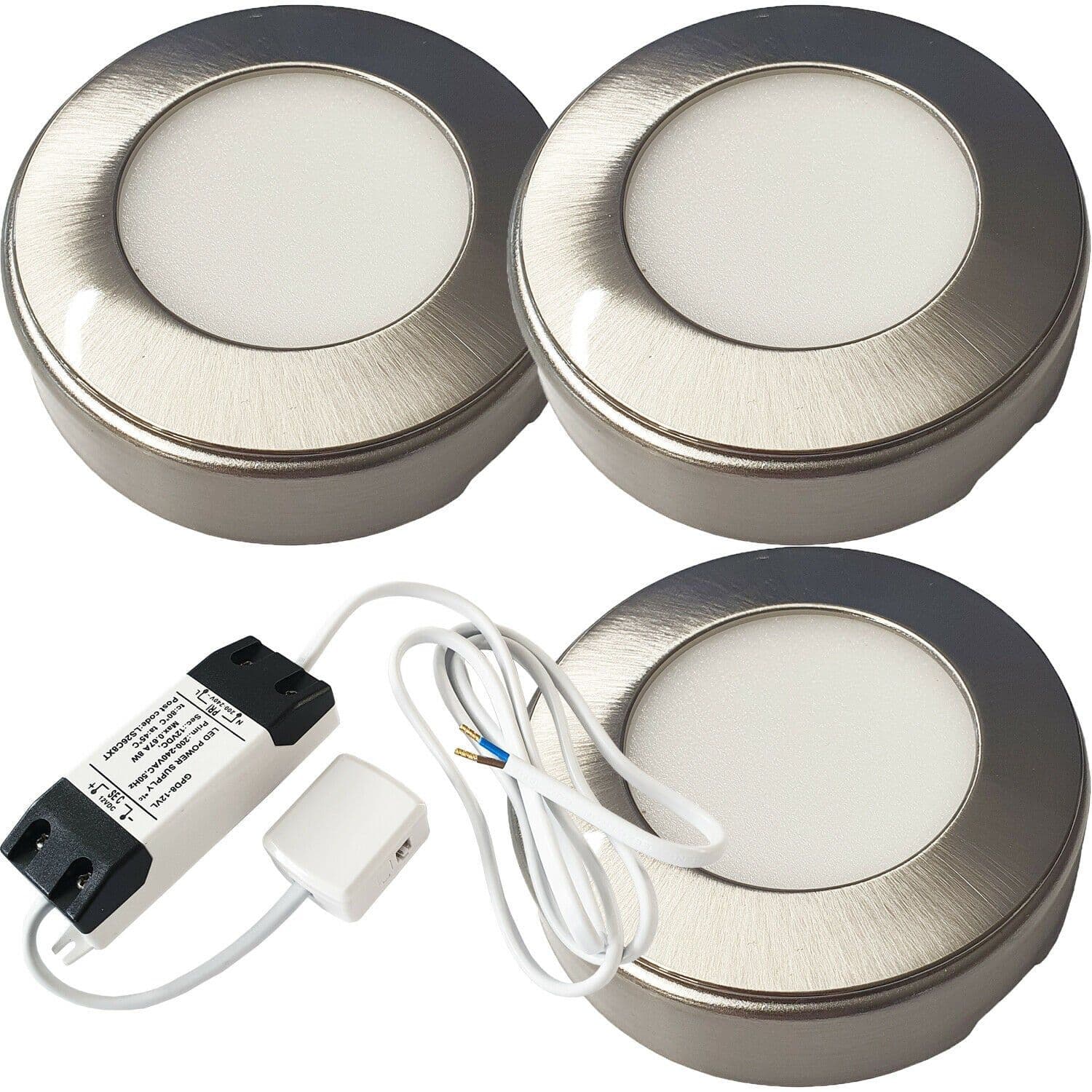 3x BRUSHED NICKEL Round Surface or Flush Under Cabinet Kitchen Light & Driver Kit Warm LED