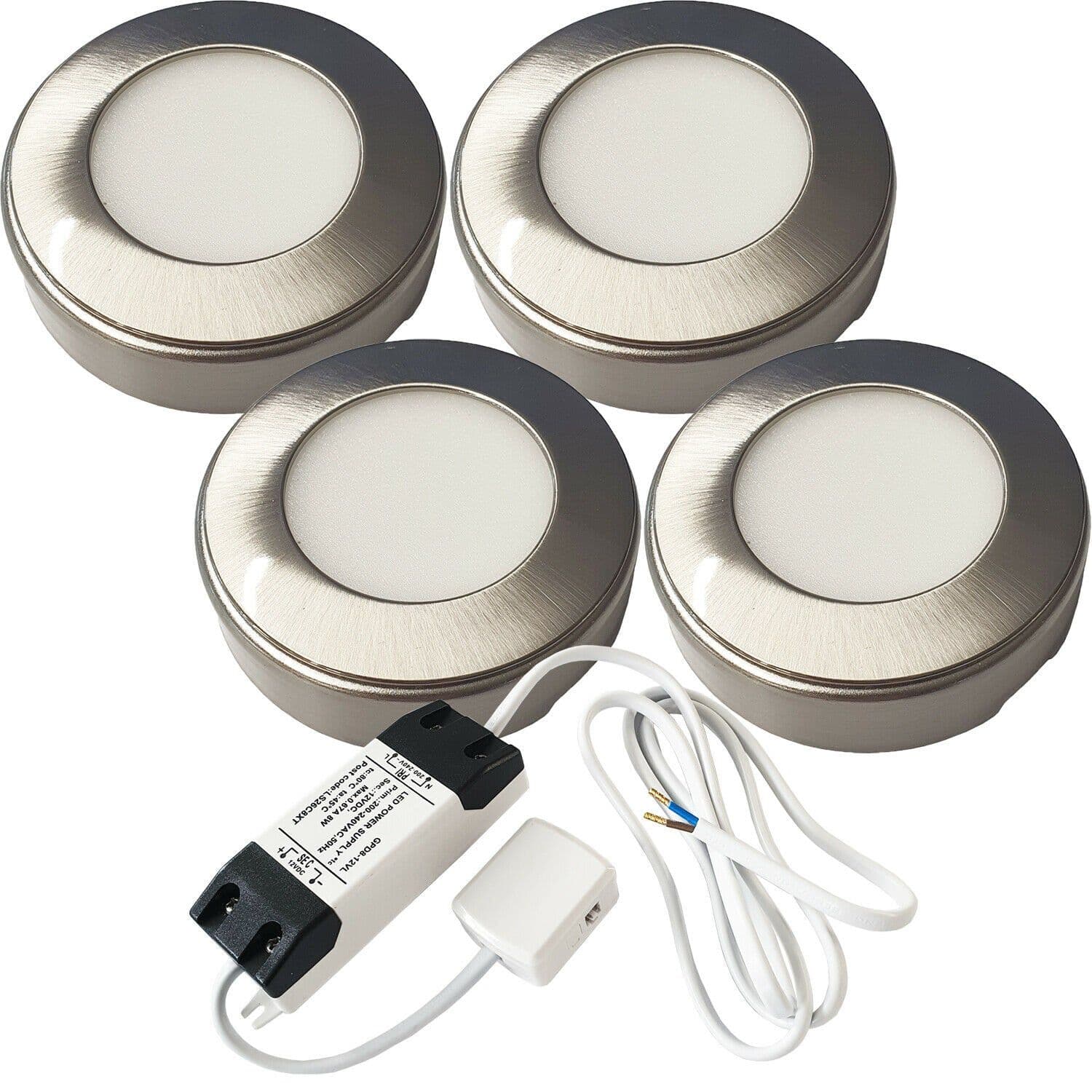 4x BRUSHED NICKEL Round Surface or Flush Under Cabinet Kitchen Light & Driver Kit Warm LED