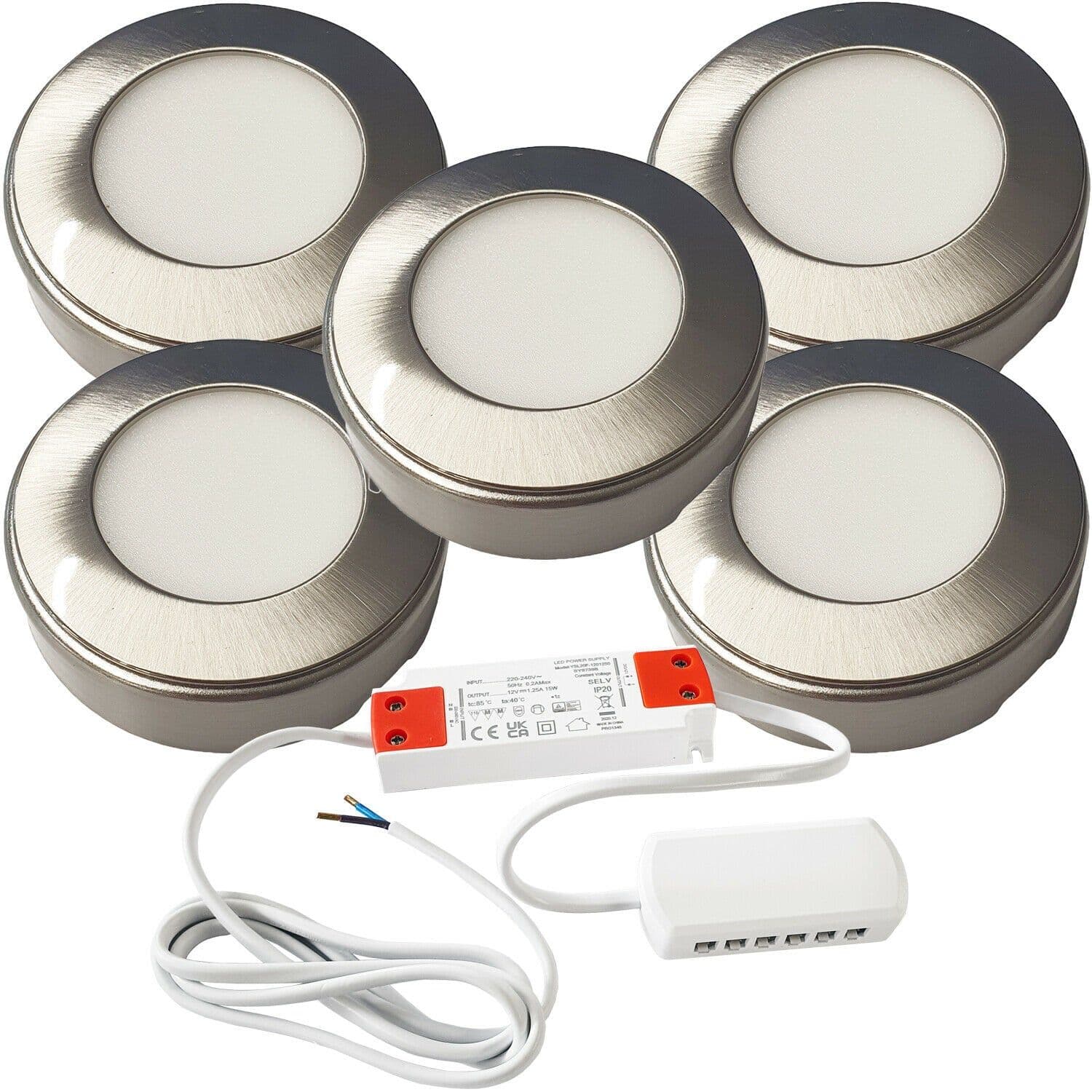 5x BRUSHED NICKEL Round Surface or Flush Under Cabinet Kitchen Light & Driver Kit Warm LED