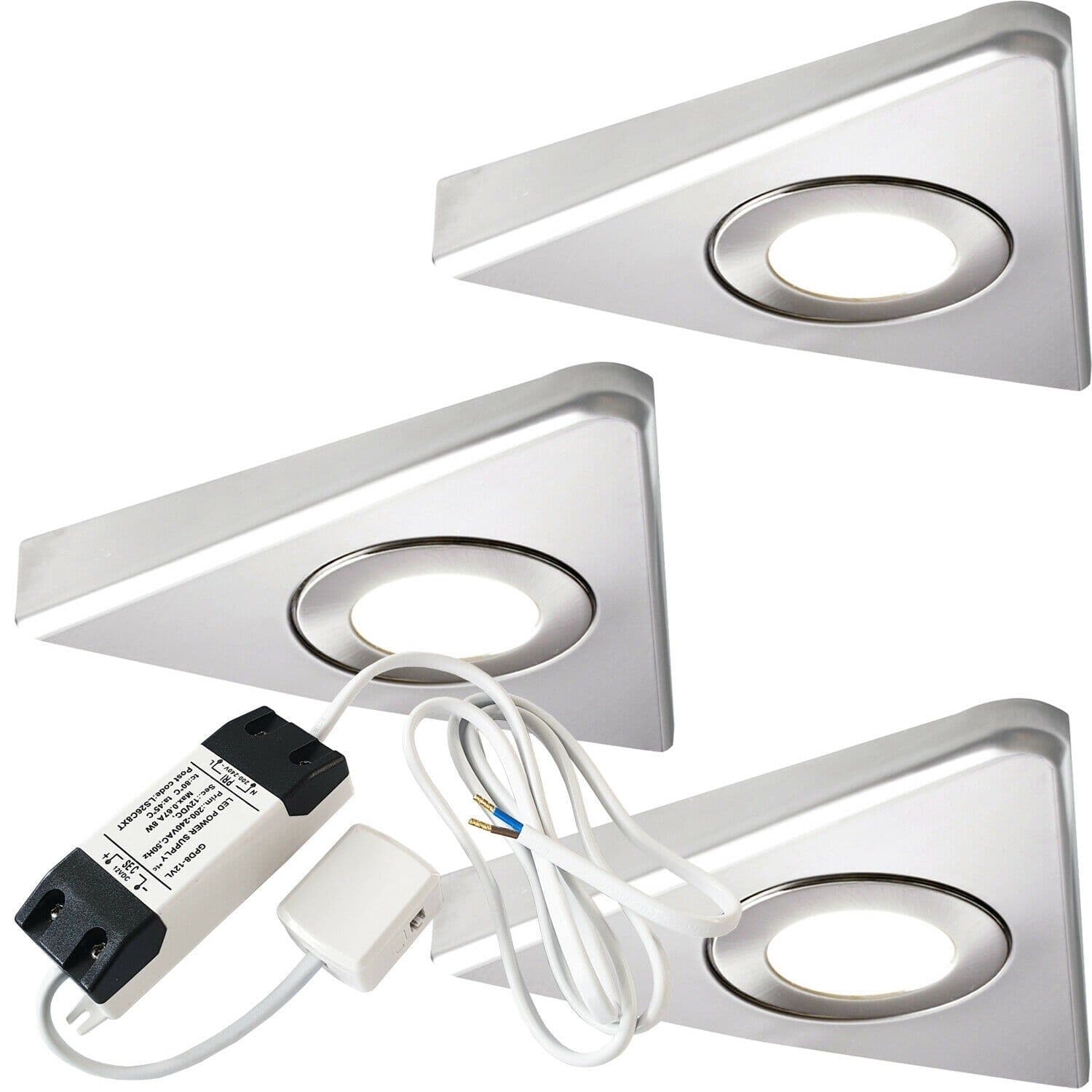 3x BRUSHED NICKEL Triangle Surface Under Cabinet Kitchen Light & Driver Kit - Natural White LED