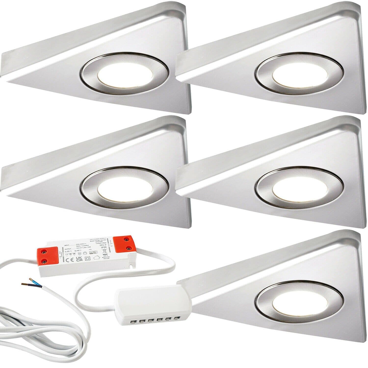5x BRUSHED NICKEL Triangle Surface Under Cabinet Kitchen Light & Driver Kit Natural LED