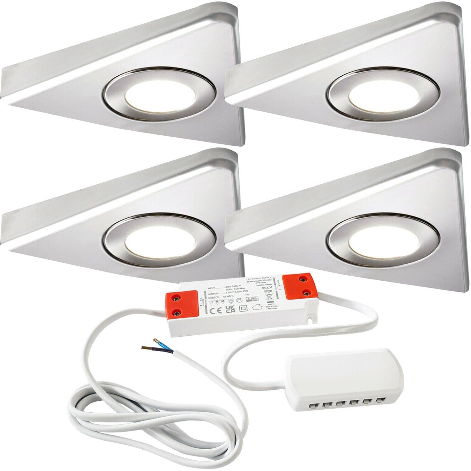 4x BRUSHED NICKEL Triangle Surface Under Cabinet Kitchen Light & Driver Kit Warm LED