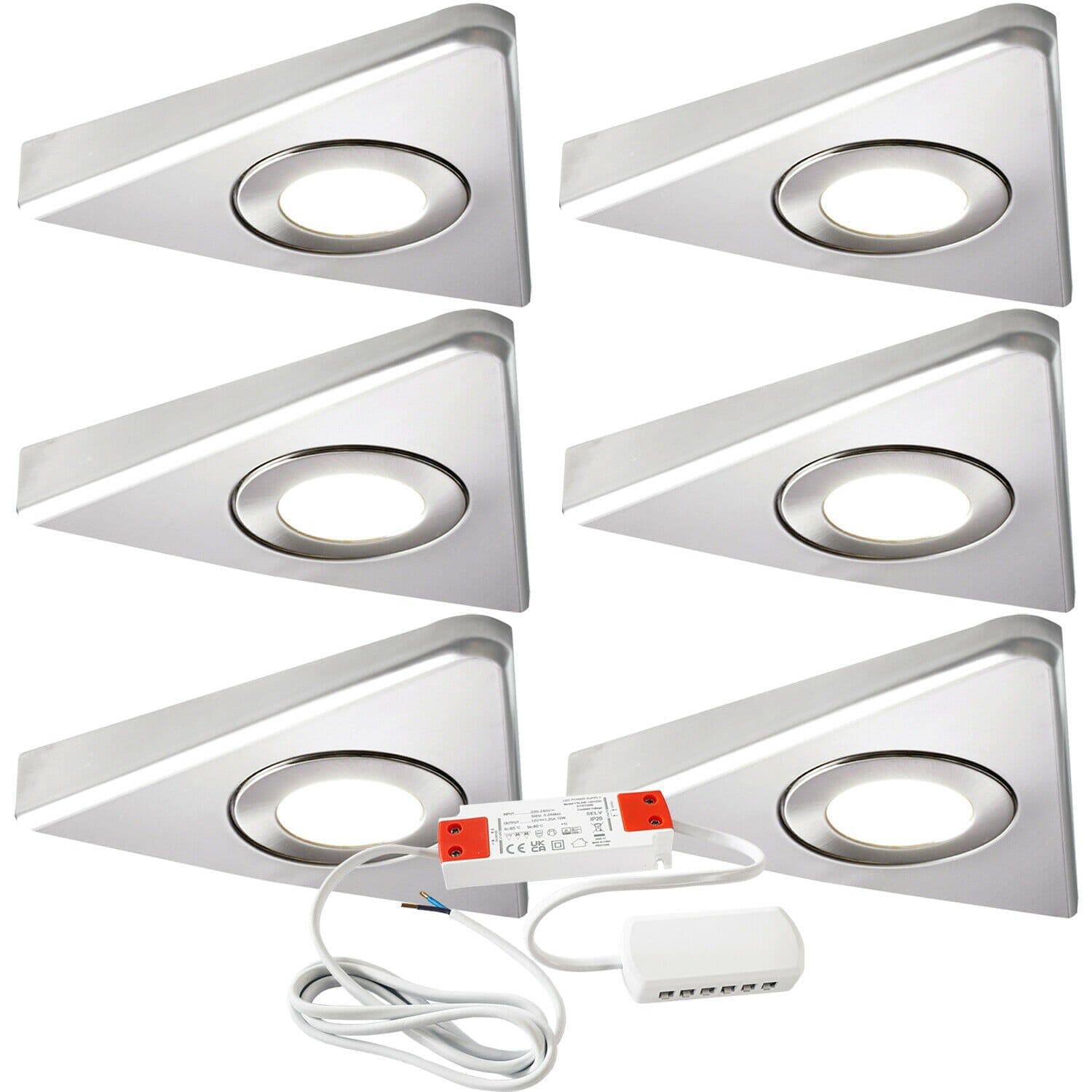 6x BRUSHED NICKEL Triangle Surface Under Cabinet Kitchen Light & Driver Kit Warm LED