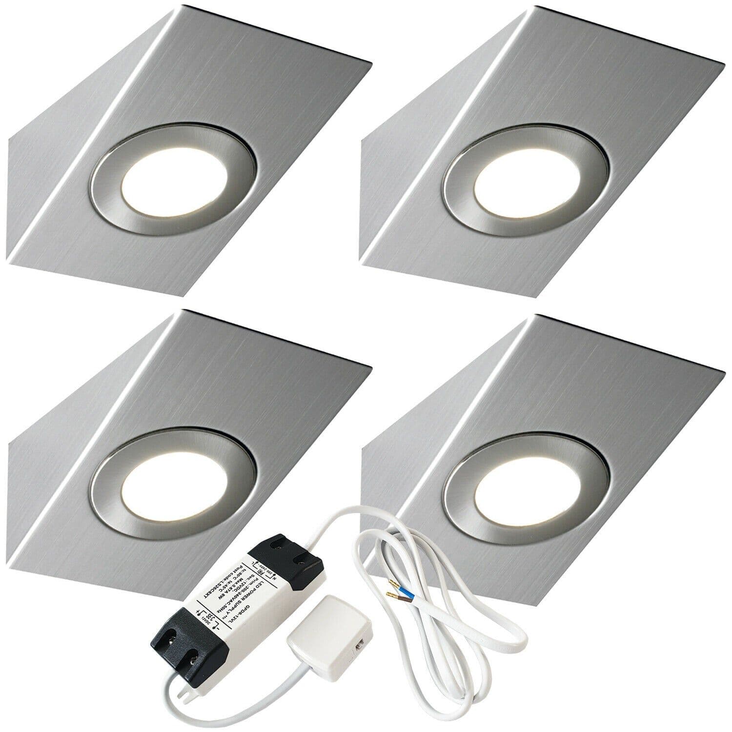 4x BRUSHED NICKEL Wedge Surface Under Cabinet Kitchen Light & Driver Kit Natural LED