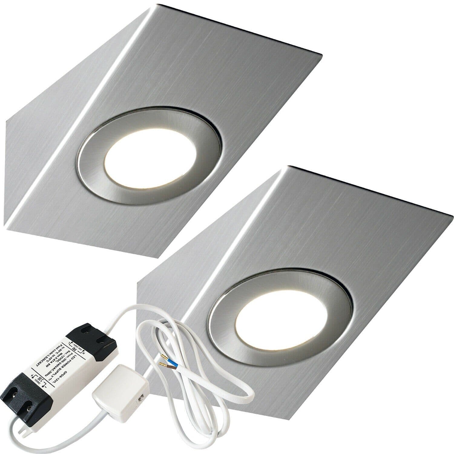2x BRUSHED NICKEL Wedge Surface Under Cabinet Kitchen Light & Driver Kit Warm LED