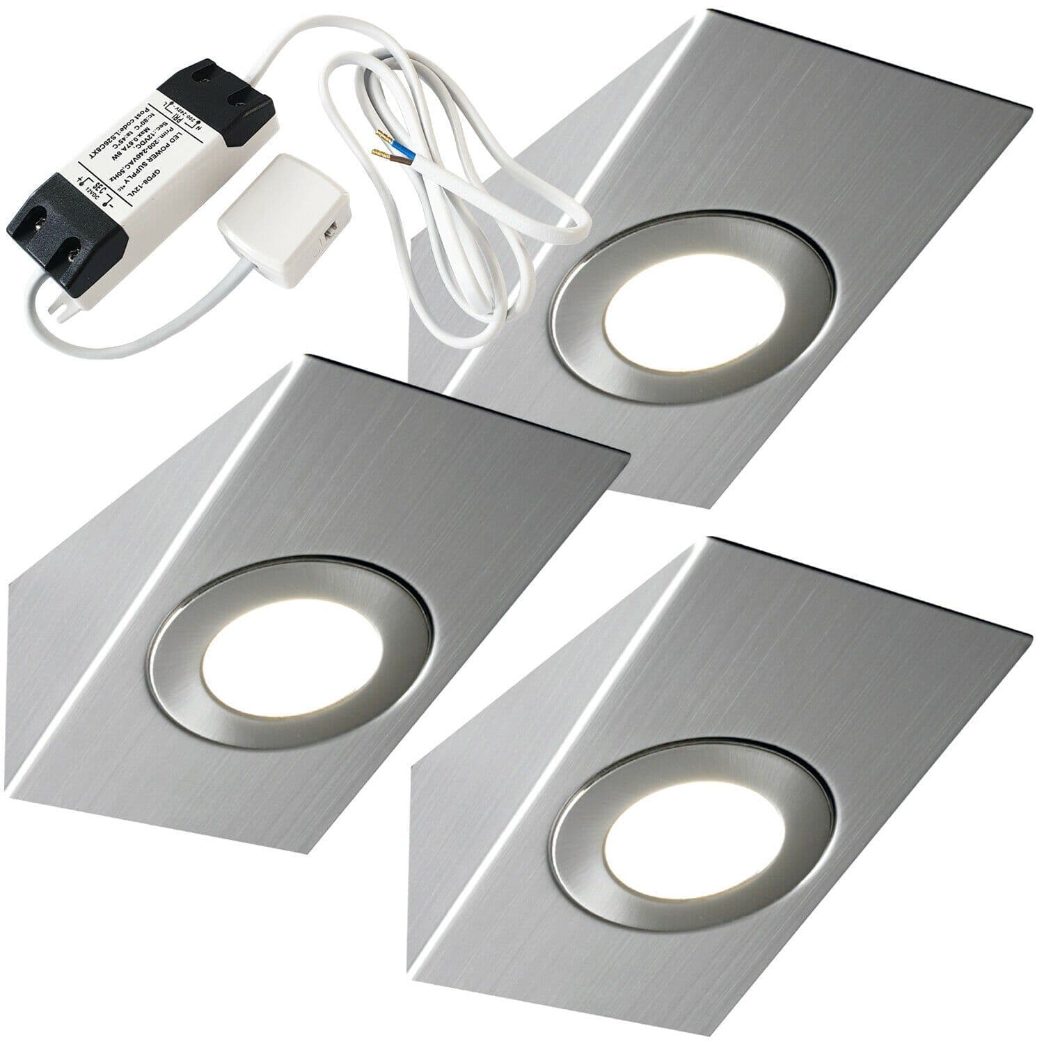 3x BRUSHED NICKEL Wedge Surface Under Cabinet Kitchen Light & Driver Kit Warm LED