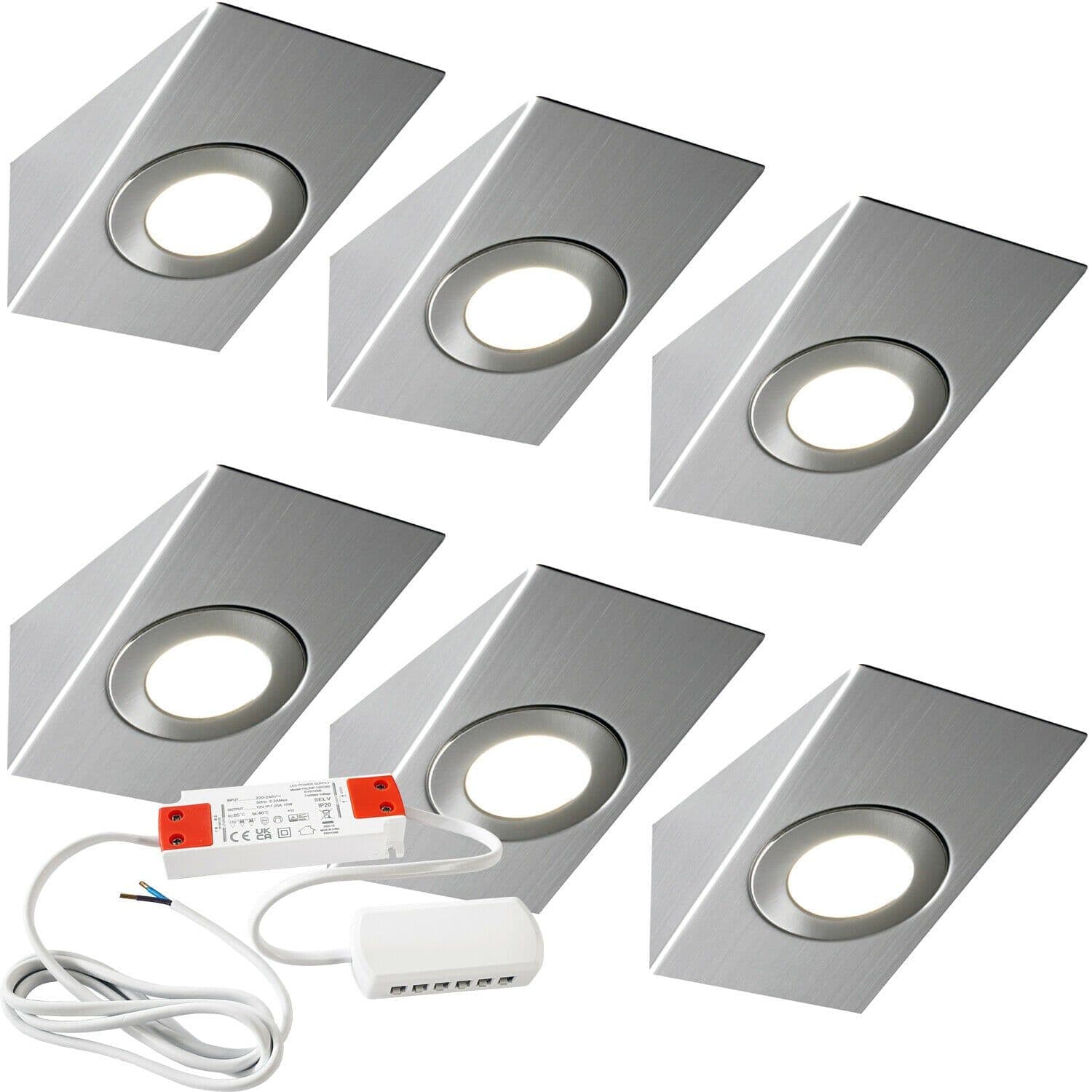 6x BRUSHED NICKEL Wedge Surface Under Cabinet Kitchen Light & Driver Kit Warm LED