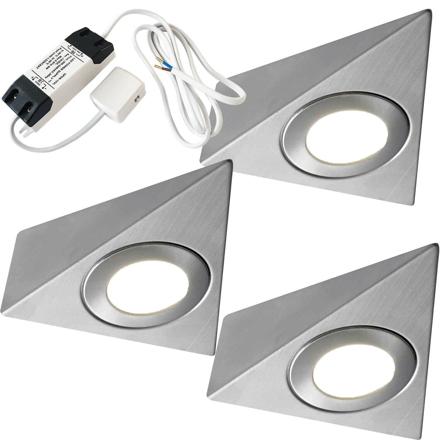 3x BRUSHED NICKEL Pyramid Surface Under Cabinet Kitchen Light & Driver Kit Natural LED