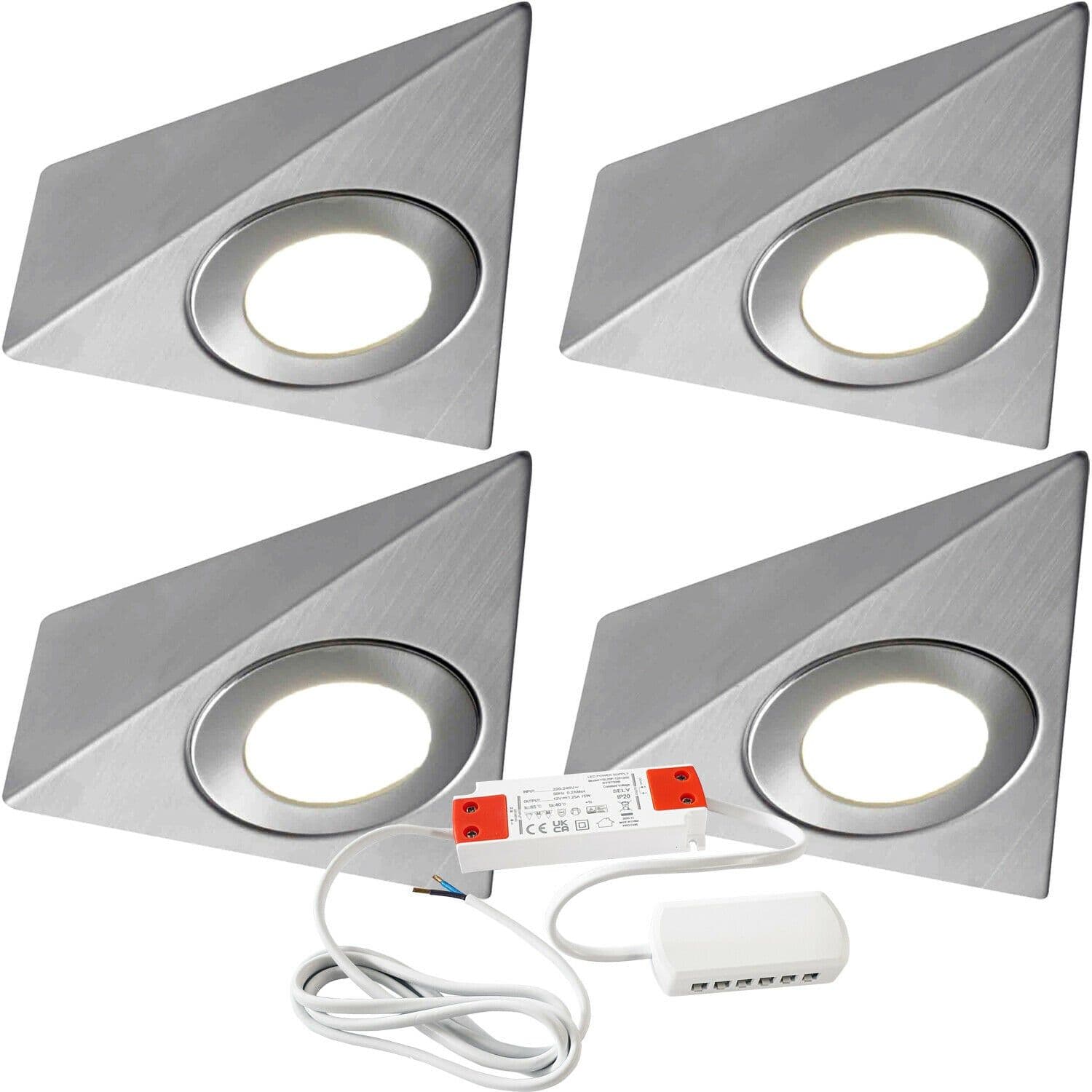 4x BRUSHED NICKEL Pyramid Surface Under Cabinet Kitchen Light & Driver Kit Natural LED