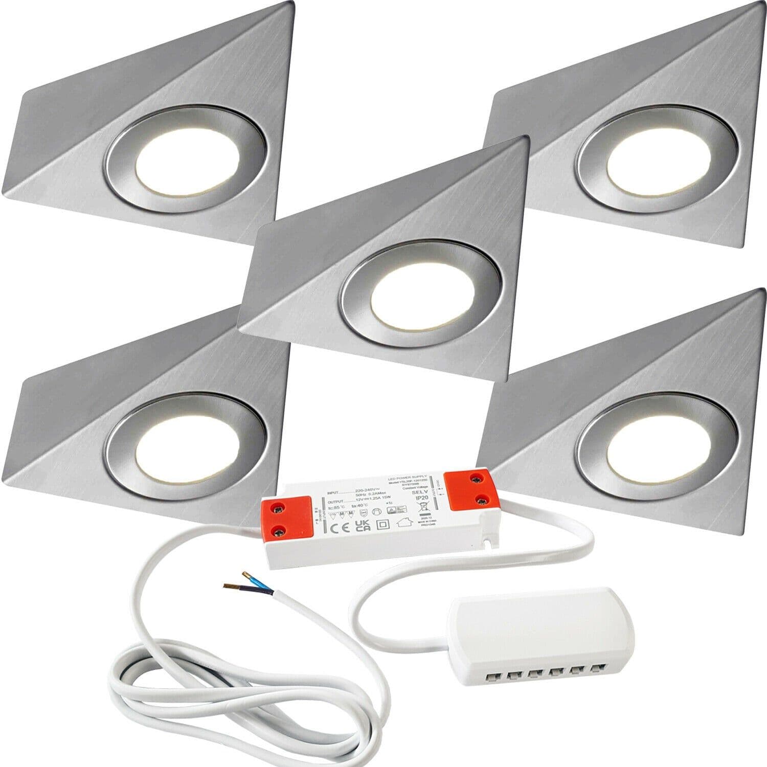 5x BRUSHED NICKEL Pyramid Surface Under Cabinet Kitchen Light & Driver Kit Natural LED