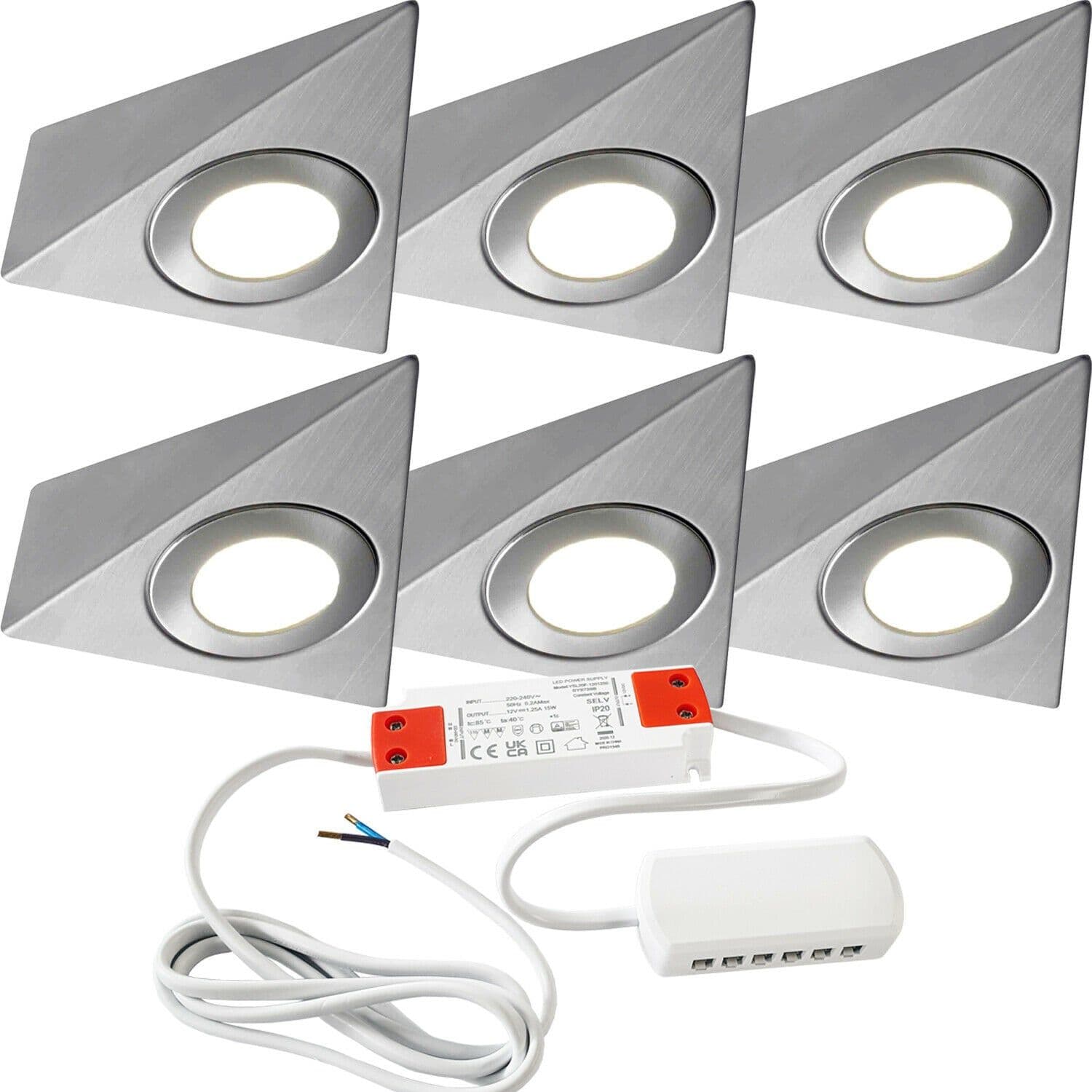 6x BRUSHED NICKEL Pyramid Surface Under Cabinet Kitchen Light & Driver Kit Natural LED