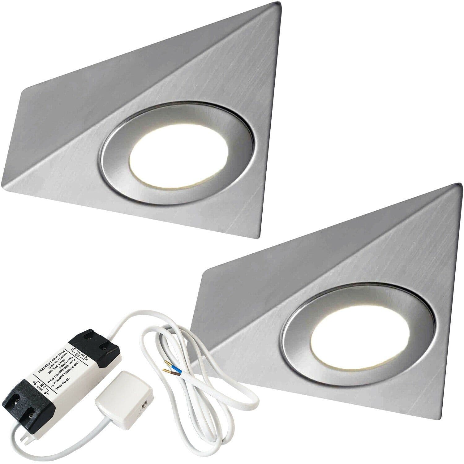 2x BRUSHED NICKEL Pyramid Surface Under Cabinet Kitchen Light & Driver Kit Warm LED