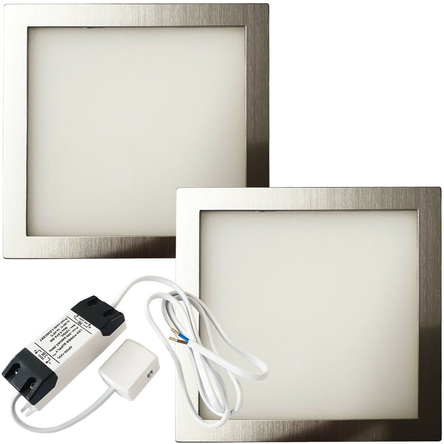 2x BRUSHED NICKEL Ultra Slim Square Under Cabinet Kitchen Light & Driver Kit Warm LED