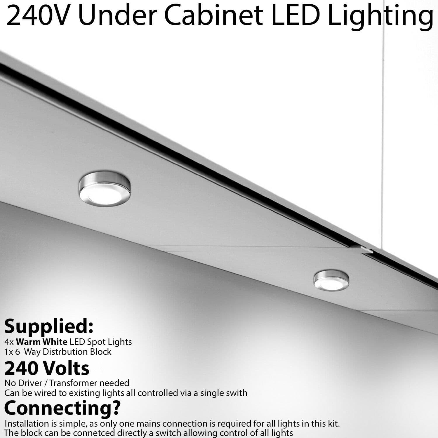 4x CHROME Round Surface or Flush Under Cabinet Kitchen Light Kit 240V Mains Powered Warm LED