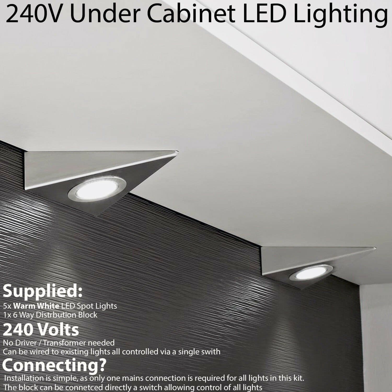 5x BRUSHED NICKEL Triangle Surface Under Cabinet Kitchen Light Kit 240V Mains Powered Warm LED